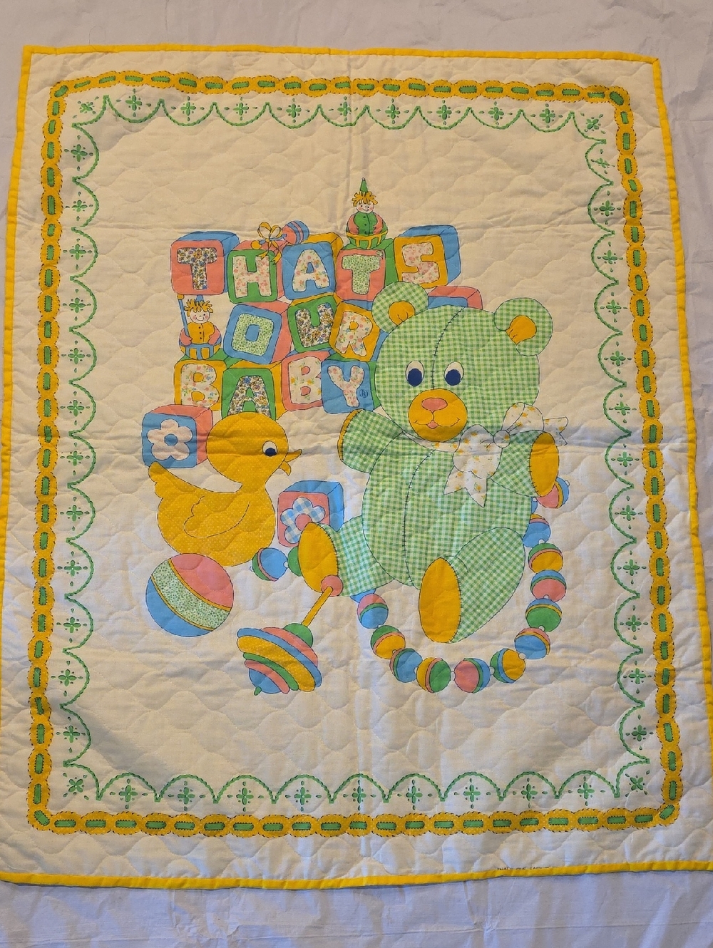 Vintage Handmade "That's Our Baby" Crib Quilt Yellow Green Teddy Bear Ducky